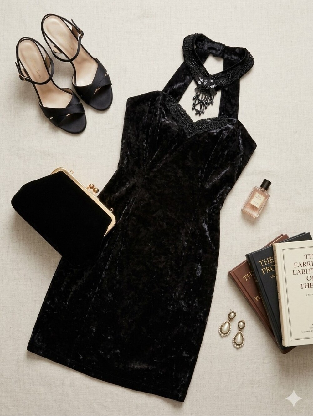 90s Maurices Black Crushed Velvet Beaded Halter Dress